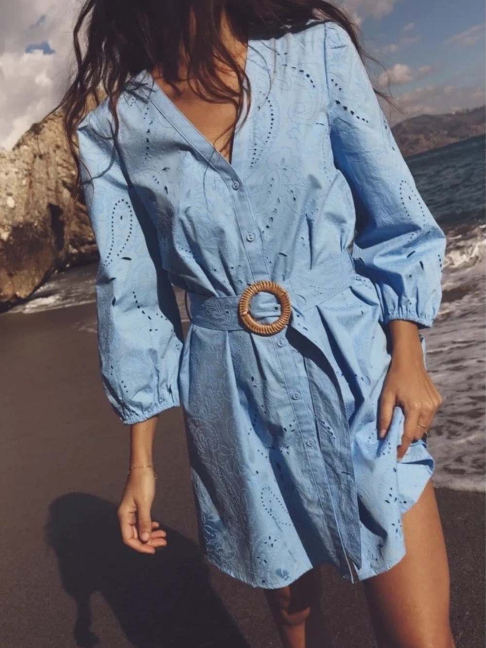 Zara Belted Women Eyelet Blue Dress Boho Chic - Size XS ( NEW WITH TAG )
